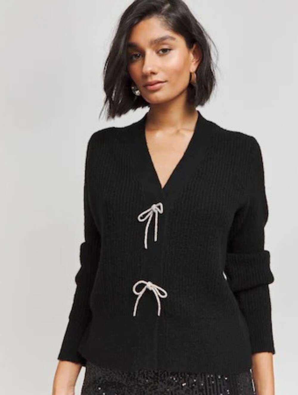 NWOT Vigoss Black Rhinestone Bow Cardigan Sweater Large